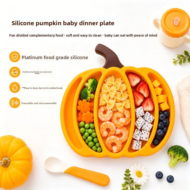 Baby Food Vegetables - จานซิลิโคนสำหรับเด็กทารก ลายฟักทอง แบ่งช่อง ป้องกันการแตกหัก จานฝึกทานอาหารด้วยตนเองสำหรับเด็กวัยหัดเดิน จานอาหารเด็กเกรดอาหาร