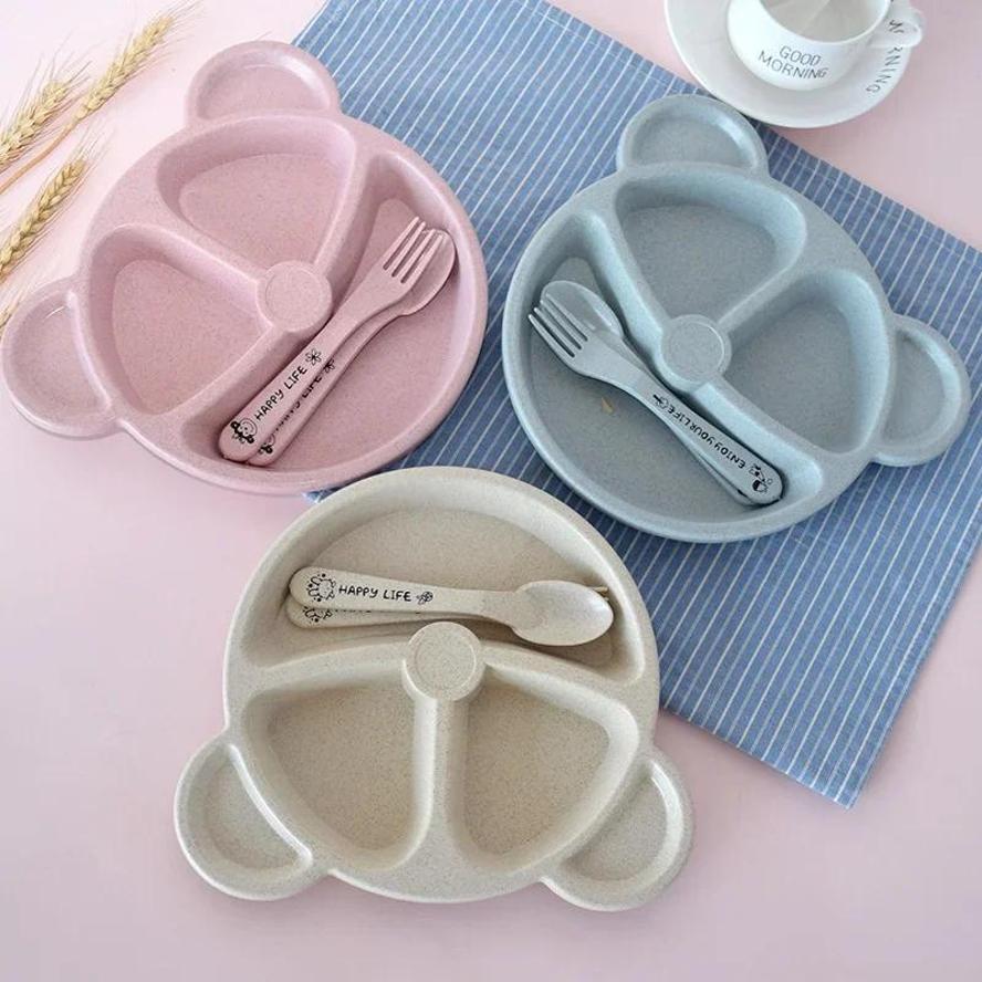 Baby Food Menu - ชามเด็กช้อนส้อมชุดให้อาหารบนโต๊ะอาหารการ์ตูนหมีเด็กแผ่นเด็กกินชุดอาหารเย็น Anti-ความร้อนการฝึกอบรมแผ่น